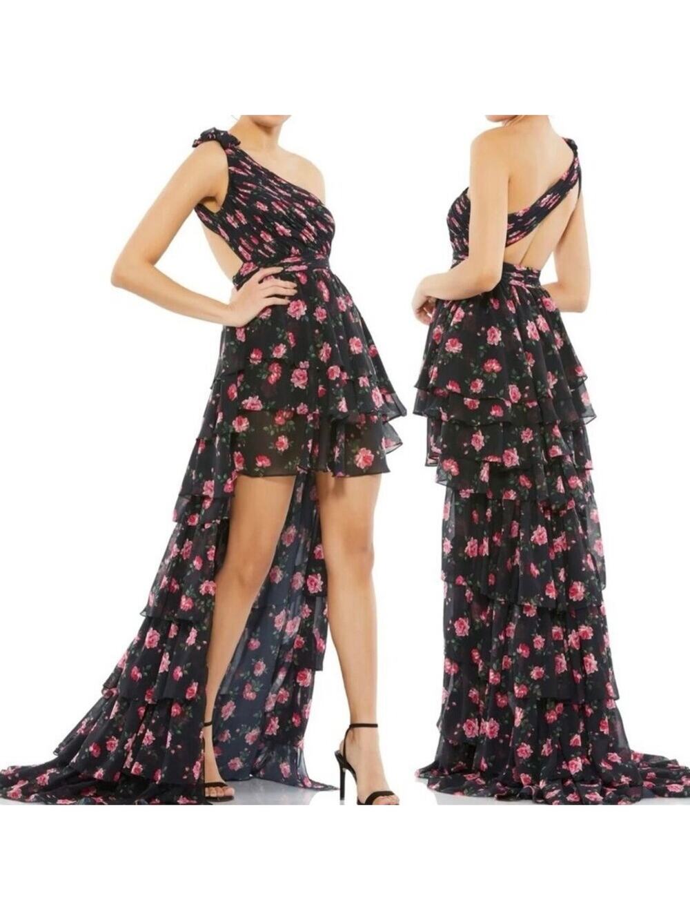 Mac Duggal 70246 One Shoulder Ruffled Rose Floral Gown Maxi Dress Black size 4